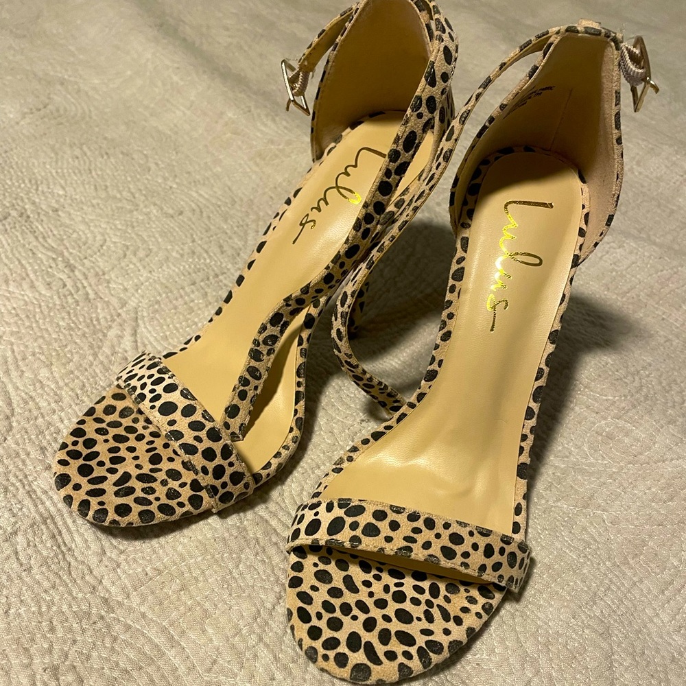 Lulu’s ocelot print stiletto strappy sandal. New - never worn! Size 8.